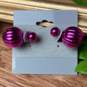New Hot Pink Metallic Double Ball Stud Earrings
